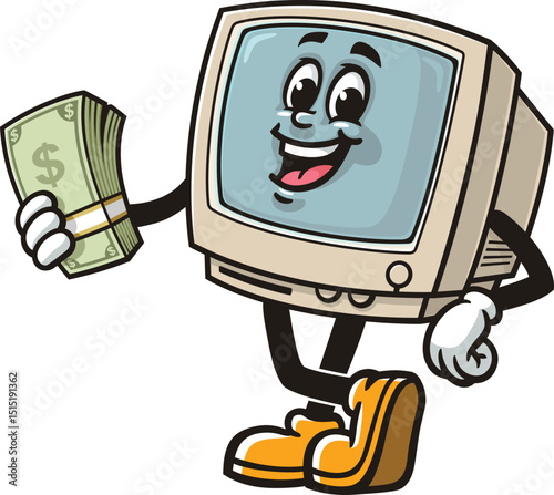 Retro computer character cartoon holding cash