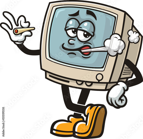 Retro computer character cartoon is smoking