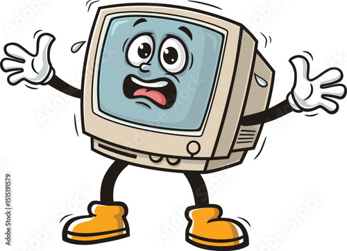 Retro computer character cartoon is panicking