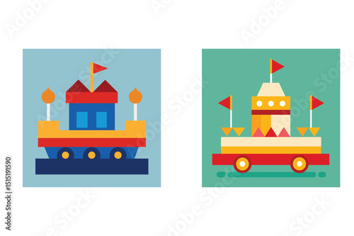 Colorful toy boats castle designs illustration