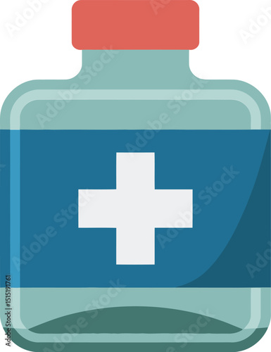 Simple flat design of a blue medical bottle with a white cross symbol