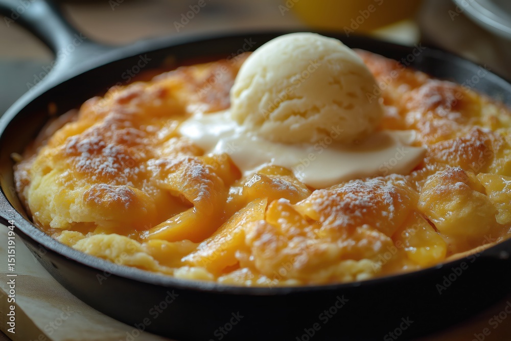 Warm peach cobbler bubbles in skillet beneath farmhouse kitchen’s glowing oven light Warm peach cobbler bubbles in skillet beneath farmhouse kitchen’s glowing oven light