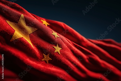 Chinese flag flutters against sky with golden stars and rich red texture