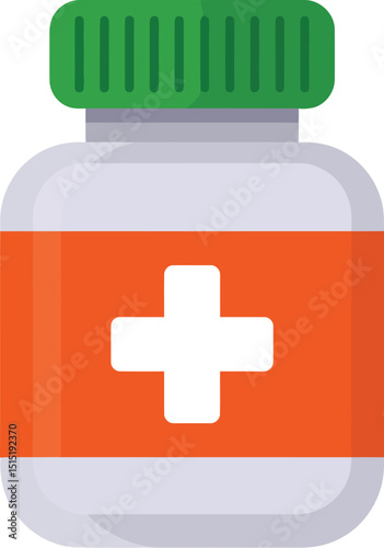 Medicine bottle with a white cross, healthcare, treatment and pharmacy concept illustration