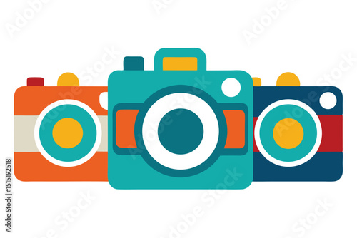 Colorful Retro Style Camera Icons in Orange Teal and Navy Blue