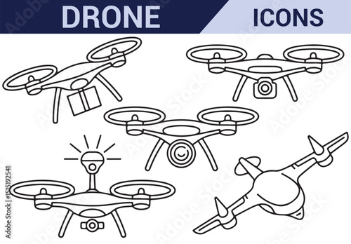 Set of drone icons featuring quadcopters and parts, perfect for tech designs.