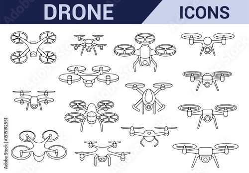 Line icons of various drones and drone parts for tech and aviation illustrations.