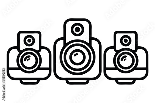 Three Camera Icons in a Row Black and White Line Art