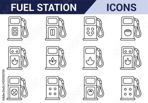 Gas station icons featuring pumps and dispensers for energy and fuel-related services.