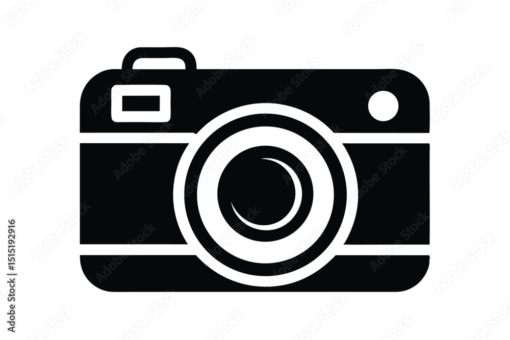 Simple Black and White Camera Icon with Circular Lens Detail