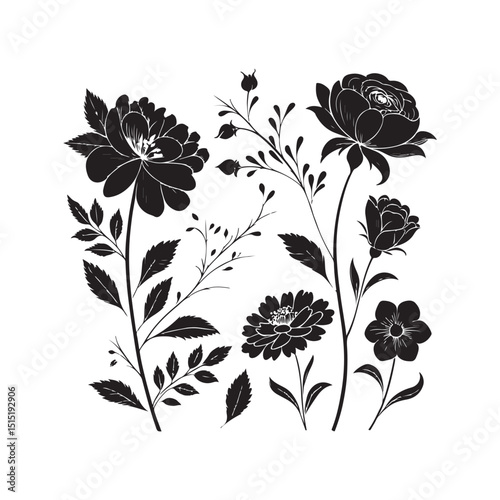 Black floral silhouettes in assorted styles for clean and artistic flower designs.