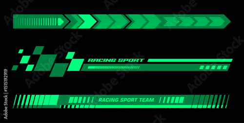 Set of green car stripes design. Car decal design. Car race stripes. Racing line sticker design. Graphic sport decal vinyl element. Automobile decoration. Vector racing design set