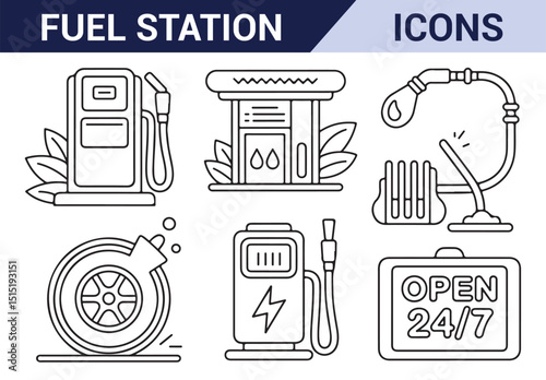 Simple line icons of fuel stations, ideal for energy, automotive, and service design.