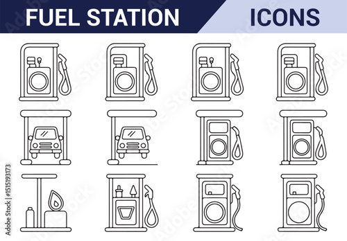 Monochrome illustrations of gas stations, fuel pumps, and dispensers for automotive projects.