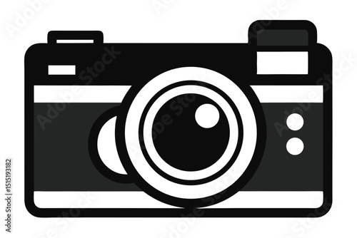Stylized Black and White Camera Illustration with Rounded Edges and Simple Design