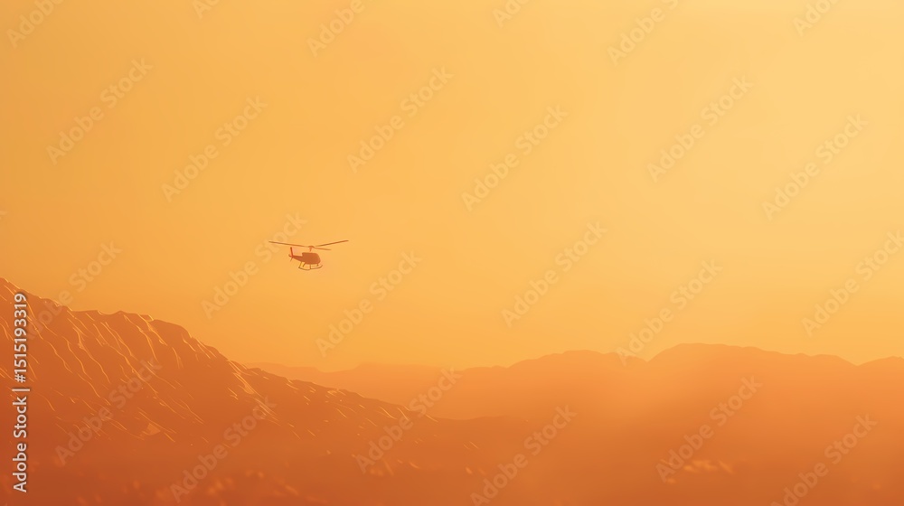 Silhouette of a helicopter flying over a hazy mountain range during a vibrant sunset. Evokes adventure, exploration, and aerial perspective. Silhouette of a helicopter flying over a hazy mountain range during a vibrant sunset. Evokes adventure, exploration, and aerial perspective.