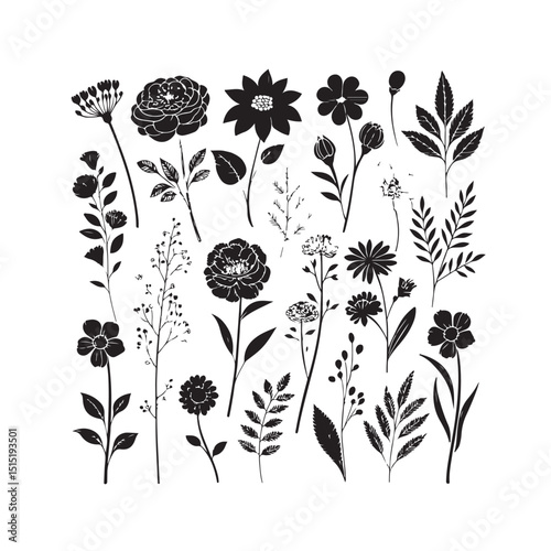 Black floral silhouettes in assorted styles for clean and artistic flower designs.