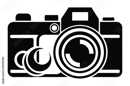 Stylized Black and White Camera Illustration with Geometric Lens Design