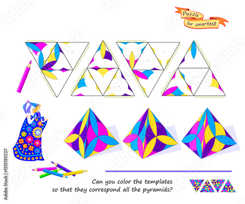 Logic game for the smartest. Can you color the templates so that they correspond all the pyramids? 3D puzzle. Coloring book. Developing spatial thinking skills. Brain teaser book. Vector illustration