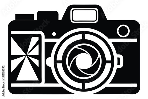 Stylized Black and White Camera Icon with Lens Aperture and Flash