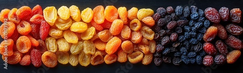 Dried fruits are arranged in a rainbow of colors on a black surface food background banner photo