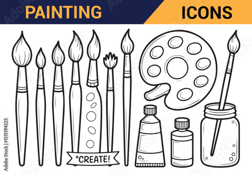 Set of monochrome art tools, including brushes and pens, for graphic design and art content.