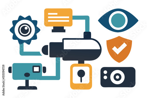 Abstract Illustration of Security System with Cameras Monitor Eye and Shield