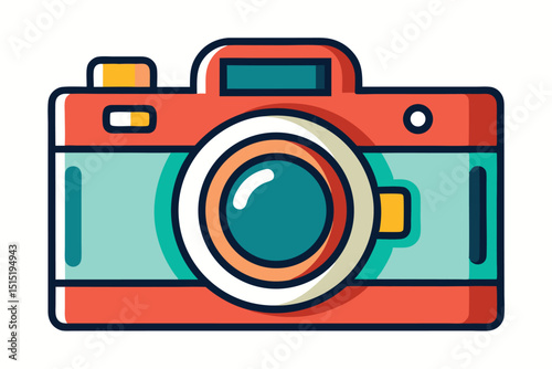 Retro Style Camera Illustration with Bold Outlines and Vibrant Color Palette