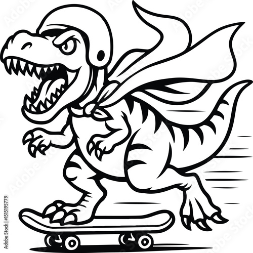 Black & White T-rex Dinosaur Skateboard Cartoon Helmet Cape Roar Action Green Comic Vector
