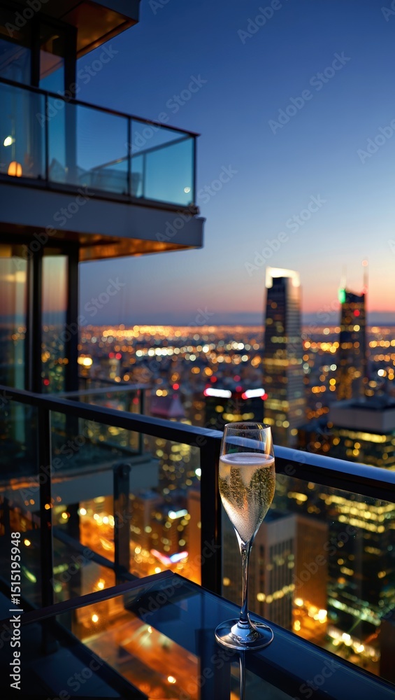 Obraz premium A glass of champagne on a balcony overlooking a city skyline at dusk, with twinkling lights and a vibrant sunset in the background.