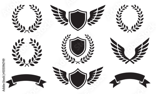 Minimalistic icons of shields with wings and laurels for awards and victory illustrations.