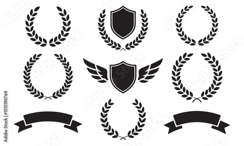 Line art achievement symbols, including shields and wings, for graphic design projects.