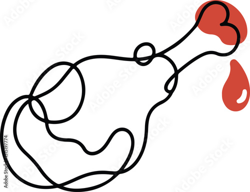 Minimalist Bloody Chicken Drumstick Line Art, Abstract Meat Illustration.
