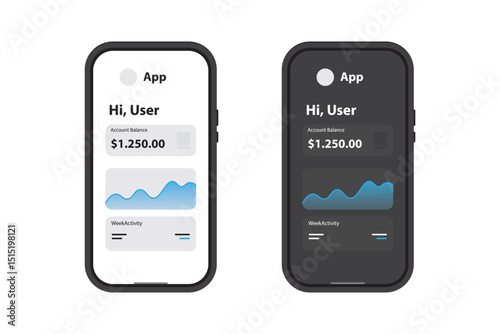 Financial dashboard app screen with user greeting, balance, and chart in dark and light mode.