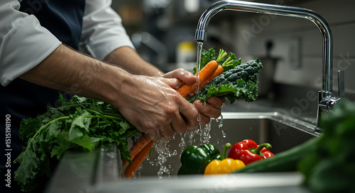 Close-up of hands washing vegetables under running water.