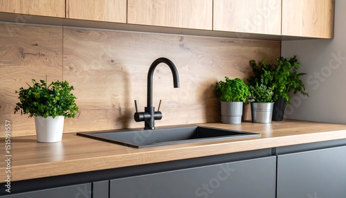 Modern kitchen sink with wood counter.