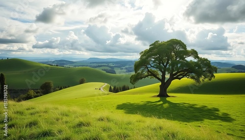 Panoramic view of idyllic countryside; rolling green hills, oak tree in sunlit glade under cloudy sky,  foliage,  glade