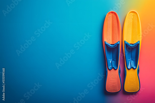 Swimming flippers on color background, top view. Space for text.