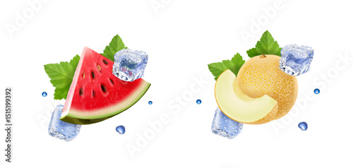 Watermelon set, red watermelon slice and yellow melon whole and slices with ice cubes. Summer cold cocktail, Refreshing drinks. 3D realistic illustration