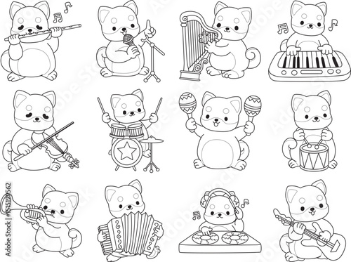Outline of Cute puppy kawaii dog lovely animal vector icon. Coloring pages of Fluffy Shiba Inu pet stickers.