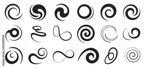 Collection of abstract swirl and spiral symbols, ideal for creative, art-based content.
