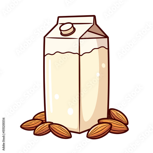 Almond milk carton vector, surrounded by almonds on transparent background, healthy beverage concept