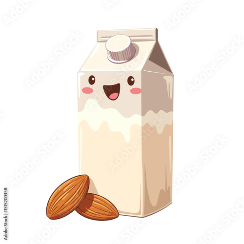 Cute almond milk carton vector, smiling with almonds on transparent background, ideal for food blogs and product showcases