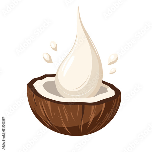 Coconut water splash vector, inside coconut shell on transparent background, refreshing tropical drink concept