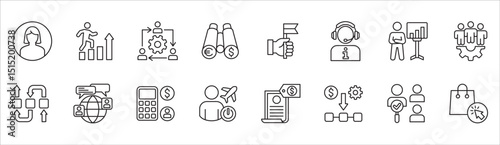 Business and management icon set. Contains symbol of businessman, target, leadership, progress, holiday, data, stock, market, accounting, training, resource, finance, service. Vector illustration