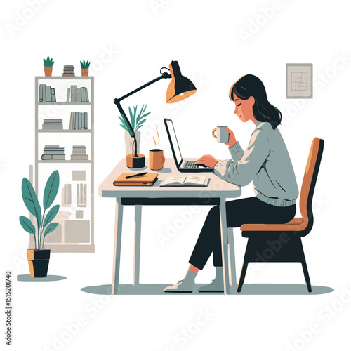 Woman Working from Home Cozy Desk Setup and Remote Work Productivity