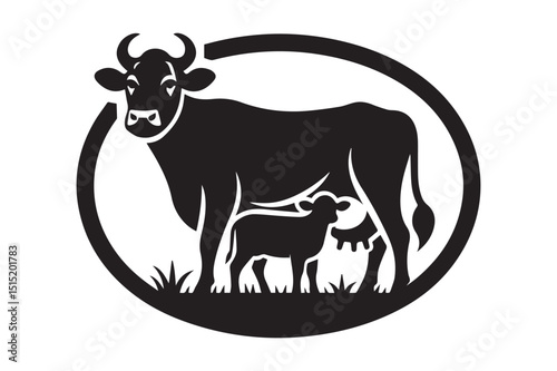 Cow Silhouette logo image file. Ox, Calf, Cattle, Buffalo art Illustration logo black and white.
