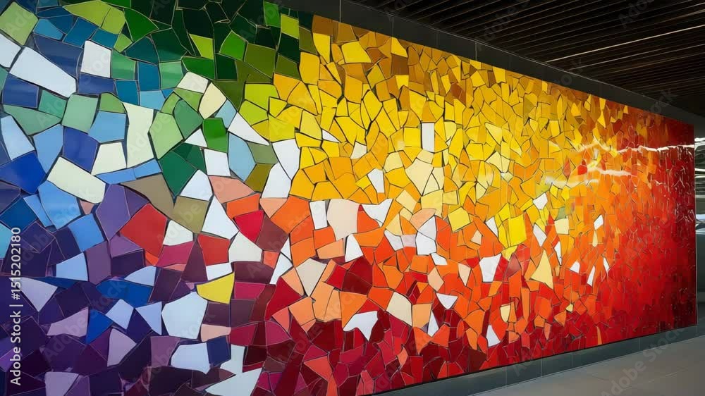Rainbow-hued abstract mosaic mural with chaotic shapes on creative space wall, shot in daylight