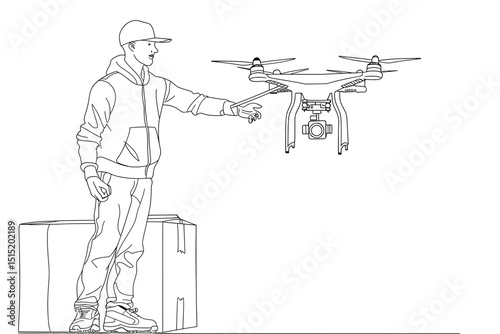 Continuous one line drawing of man with remote control and flying drone. One line drawing illustration of man flying drone aircraft. Controlling modern gadget flying concept continuous line. Editable