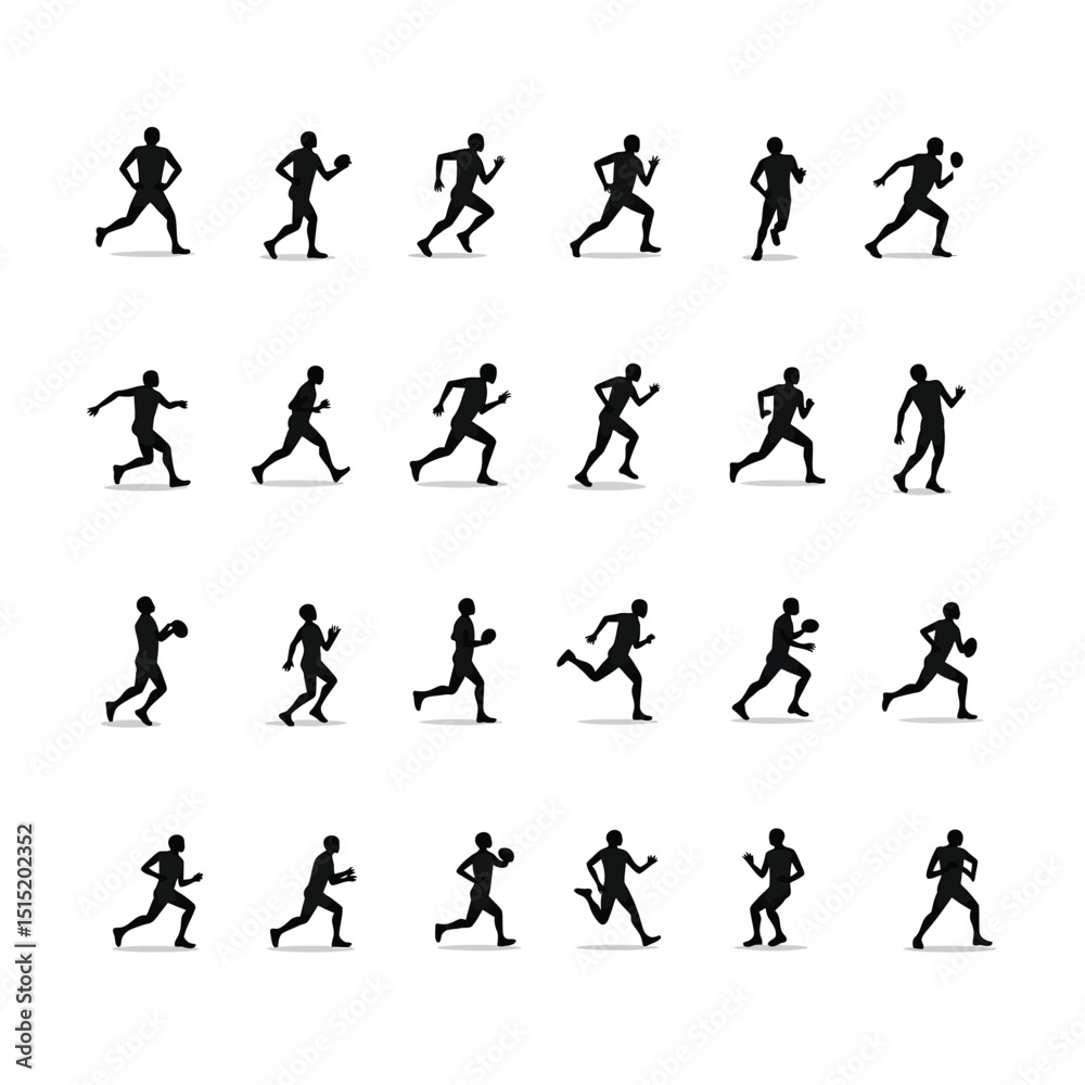 American football player silhouettes running set action poses American football player silhouettes running set action poses